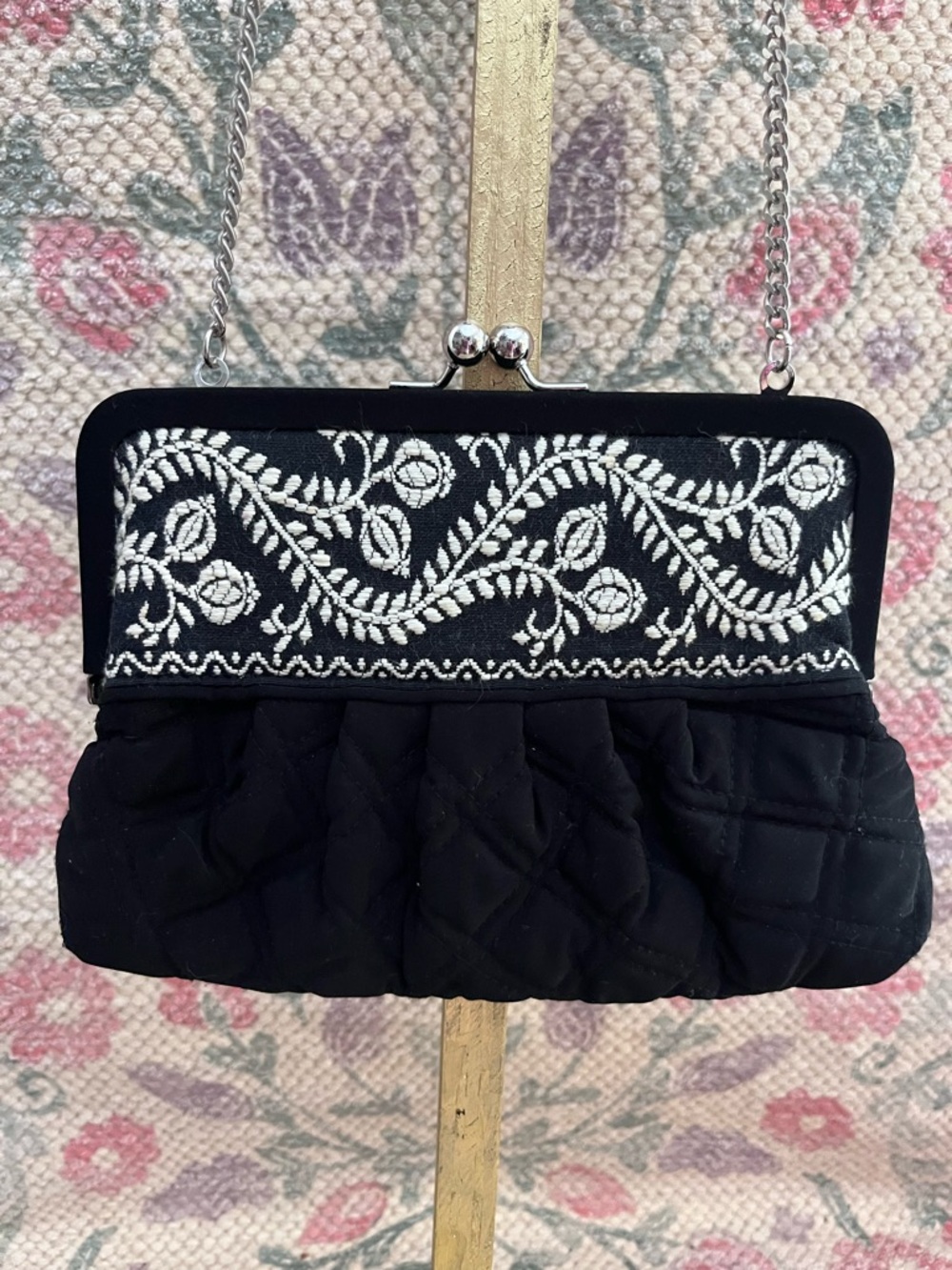 Vera Bradley Black Quilted Clutch with Cream Floral Embroidery
